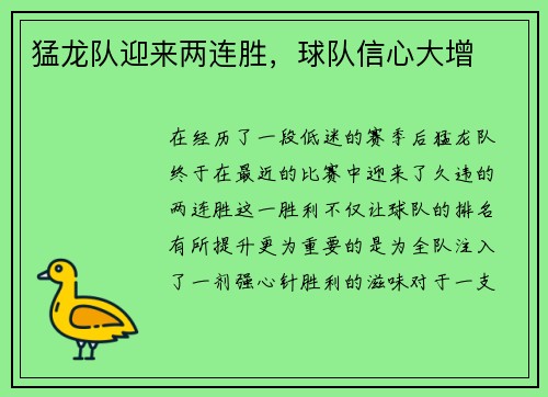 猛龙队迎来两连胜，球队信心大增