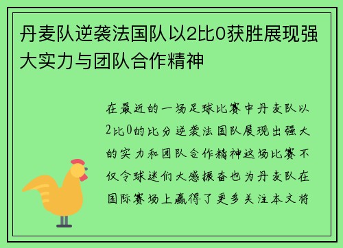 丹麦队逆袭法国队以2比0获胜展现强大实力与团队合作精神